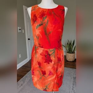 Vintage Joseph Ribkoff Floral Sheath Dress Orange Red Watercolor Print Size 8